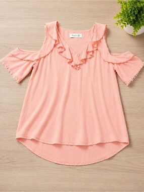 Billy T Pink Cold-Shoulder Ruffle V-Neck Blouse
